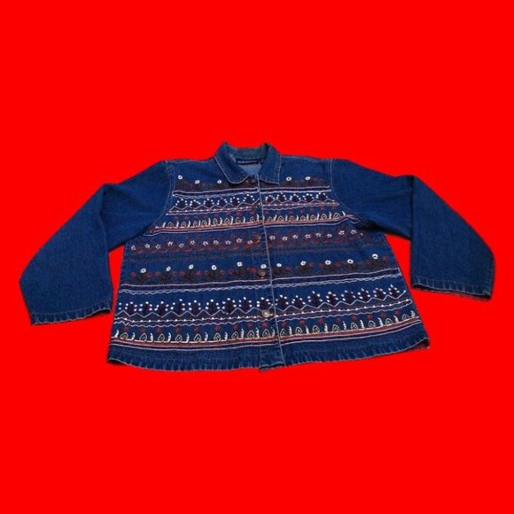 Jane Ashley Women's Shirt Embroidered Denim Cotton Long Sleeve Medium Blue Large - Picture 2 of 16